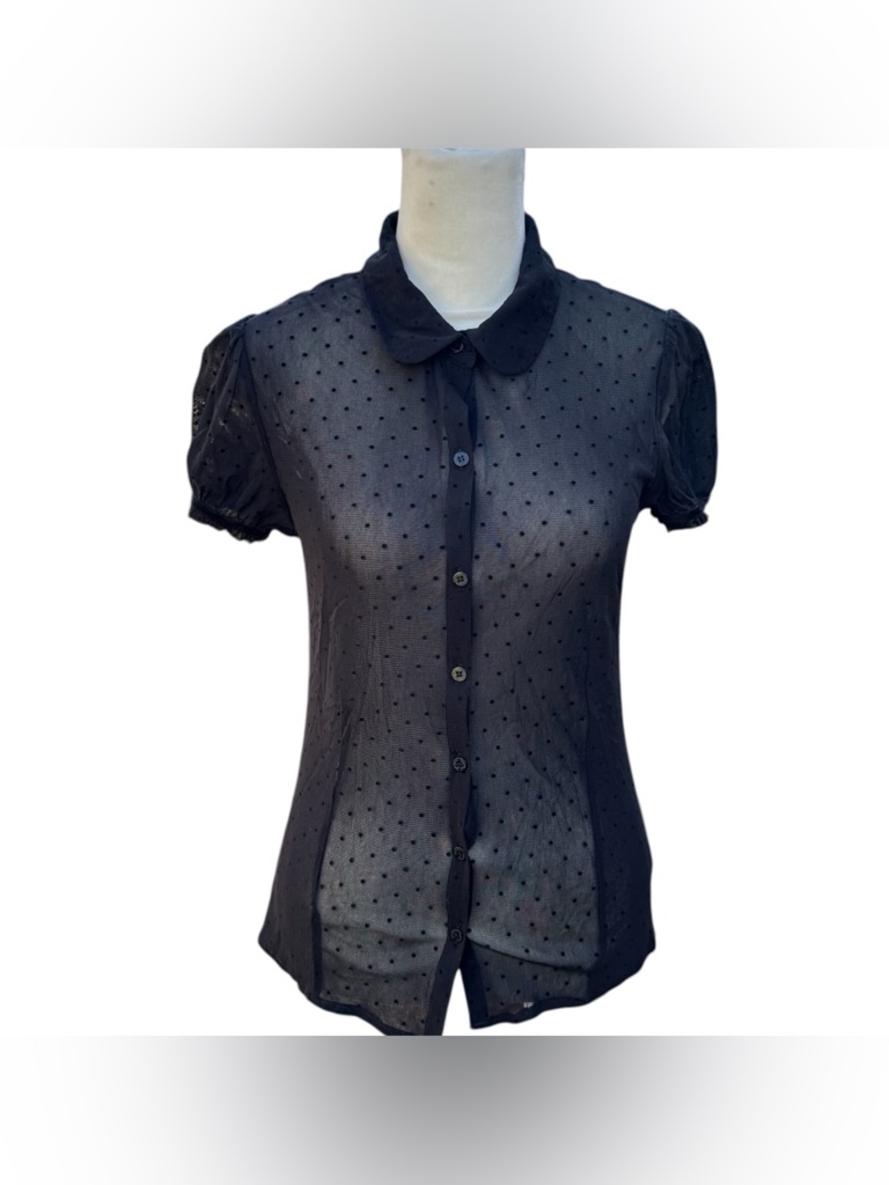 Forever 21 Goth Black Mesh Transparent Polka Dot Button Up Collar Blouse Top S